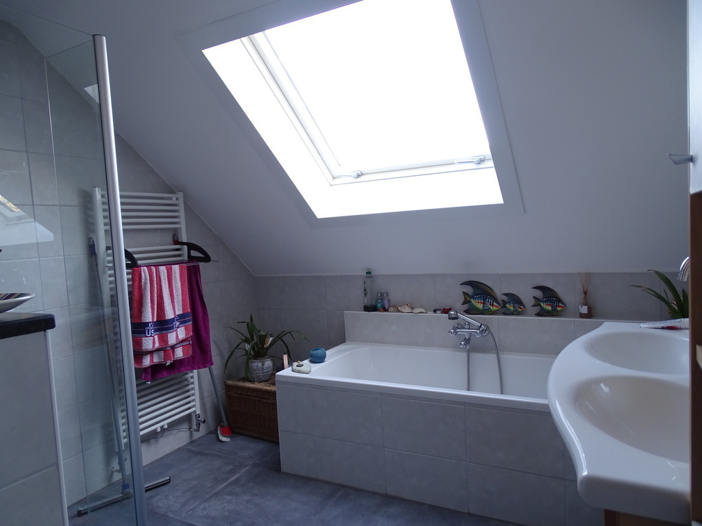 Bathroom on the first floor with bath, shower and two sinks