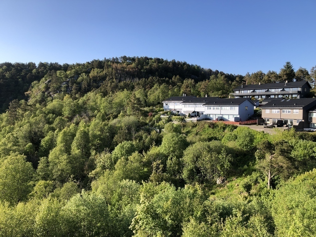Our house is the second to the left, surrounded by forest, mountain and the sea