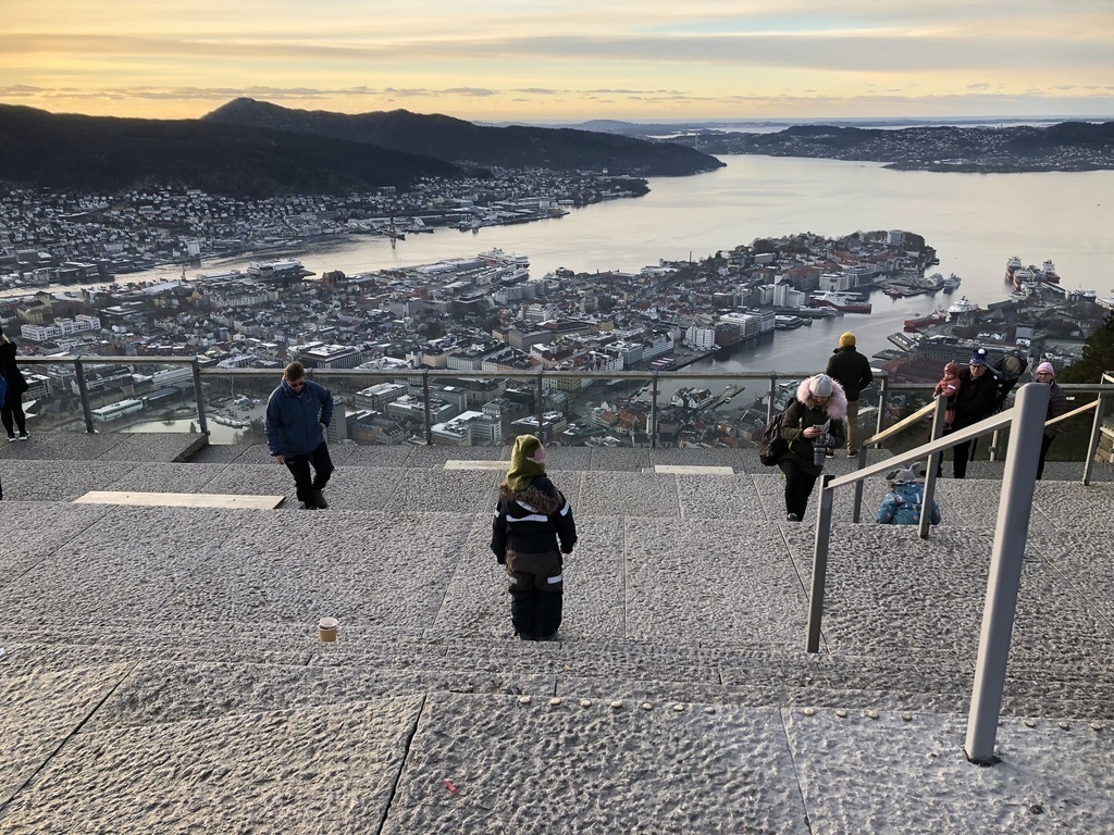 Youngest son at the Fløyen mountain, with Bergen city centre below