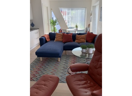 Store vinduer og mye lys i stue/kjøkken