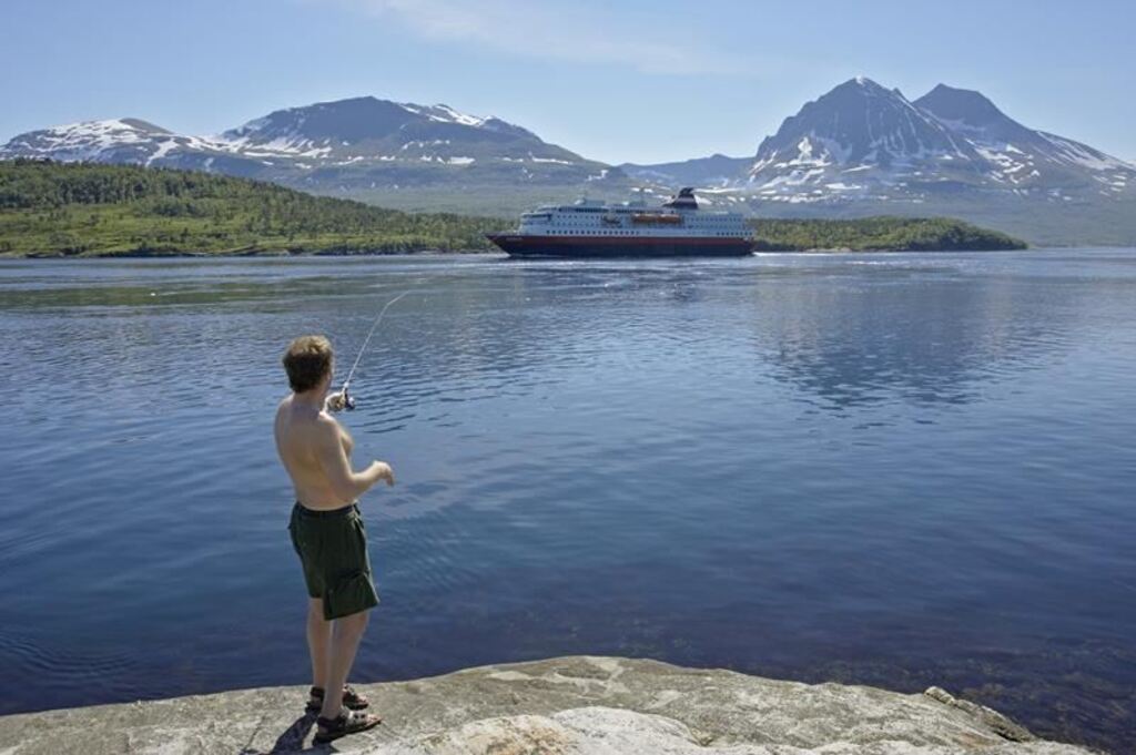 Fishing at Hella - 25 minutes drive from our house (Hurtigruten in the background, Coastal express).