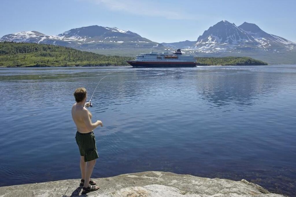 Fishing at Hella - 25 minutes drive from our house (Hurtigruten in the background, Coastal express).