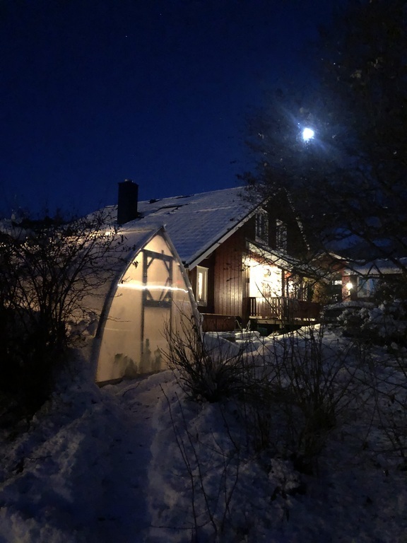House and greenhouse in winter