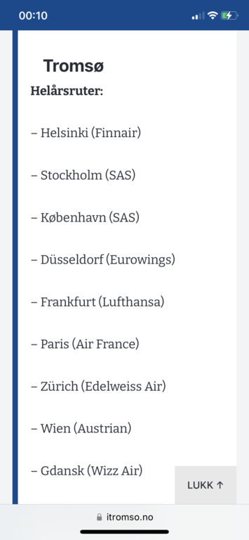 Direct flights to Tromsø all year.
