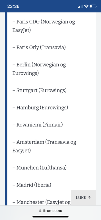Direct flights to Tromsø during the winter season (october -march)