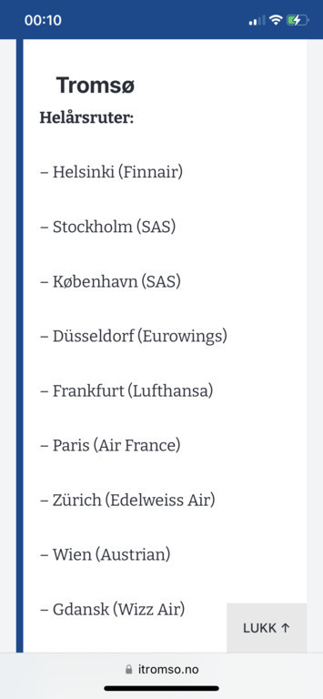 Direct flights to Tromsø all year.