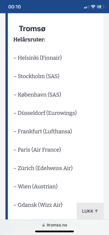 Direct flights to Tromsø all year.