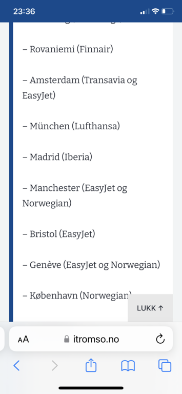 Direct flight to Tromsø during the winter season.