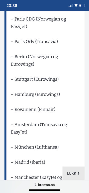 Direct flights to Tromsø during the winter season (october -march)