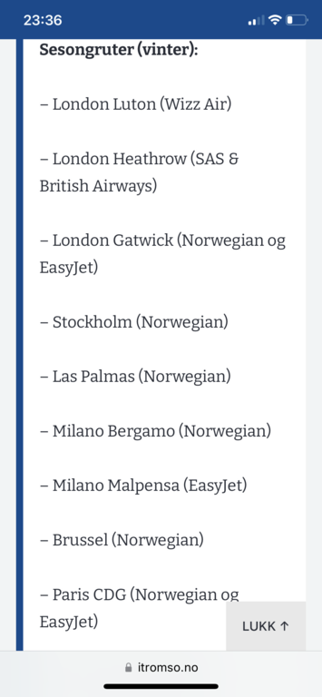 Direct flight to Tromsø during the winter season.