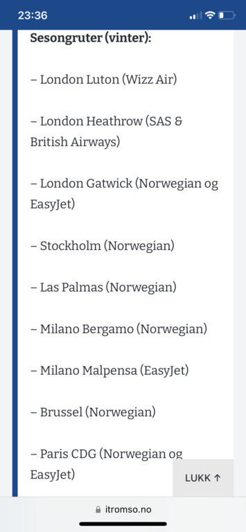 Direct flight to Tromsø during the winter season.