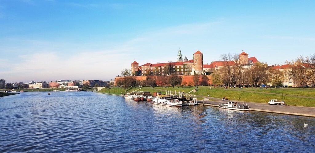 Krakow is situated on the Vistula River, the view of the Wawel Castle 