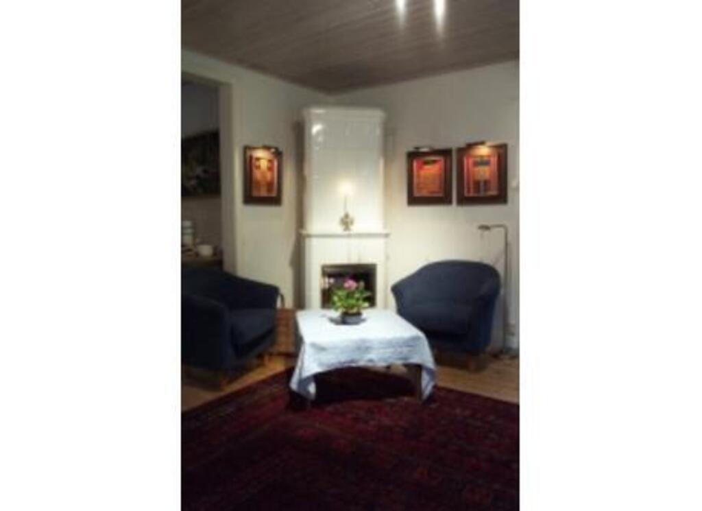 Living room with open fire place