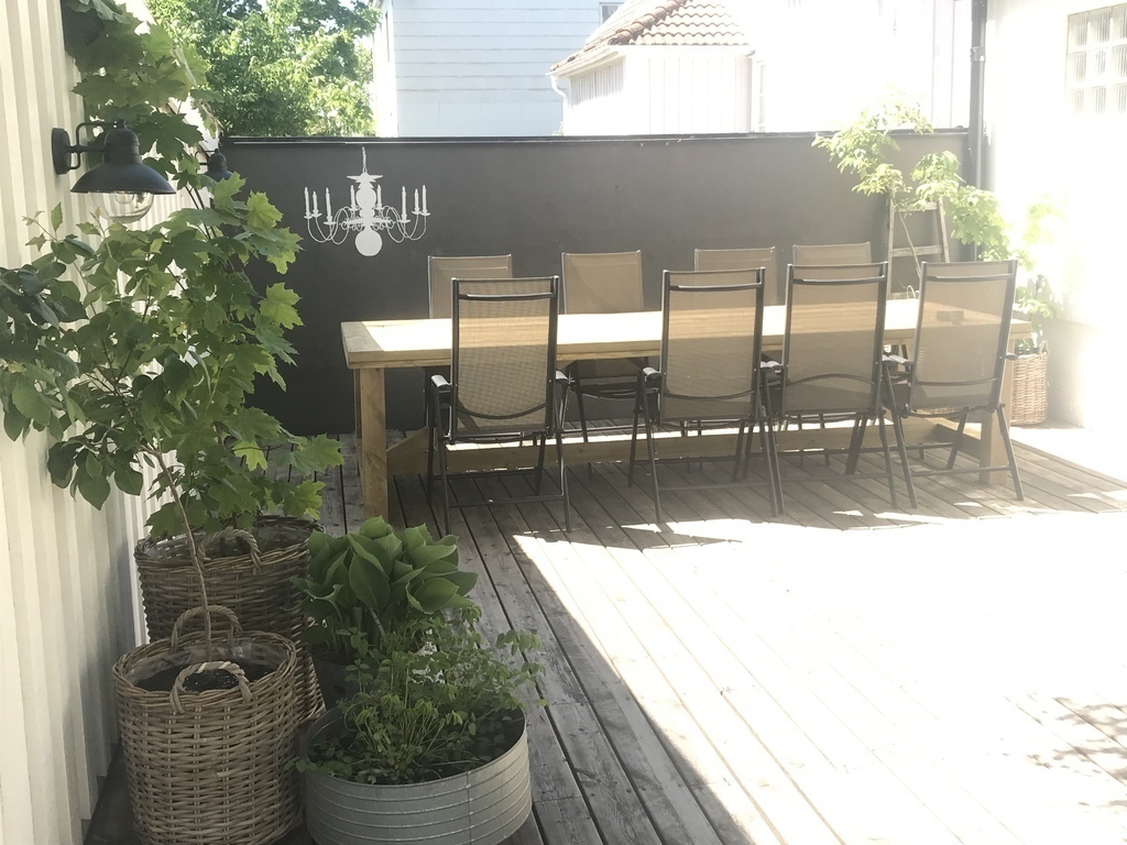 Backyard with a big dining table 