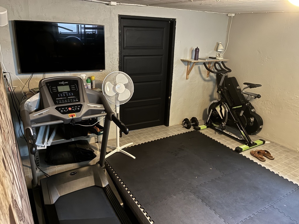Exercise room in the basement with spinning bike, treadmill, yoga mat and weights.