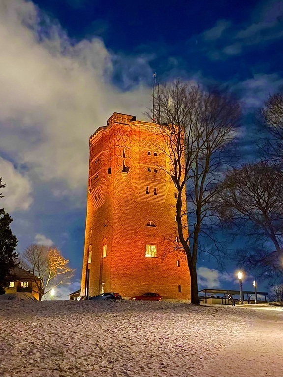 Water tower in nearby park. The tower hosts a nice pizza restaurant