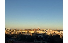 Balcony view - the center of Stockholm, from north to south, with the town hall, the globe, churches, lake Mälaren….