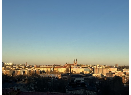 Balcony view - the center of Stockholm, from north to south, with the town hall, the globe, churches, lake Mälaren….