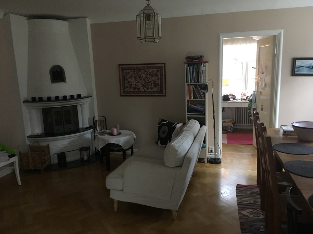 A sofa in front of the fire place