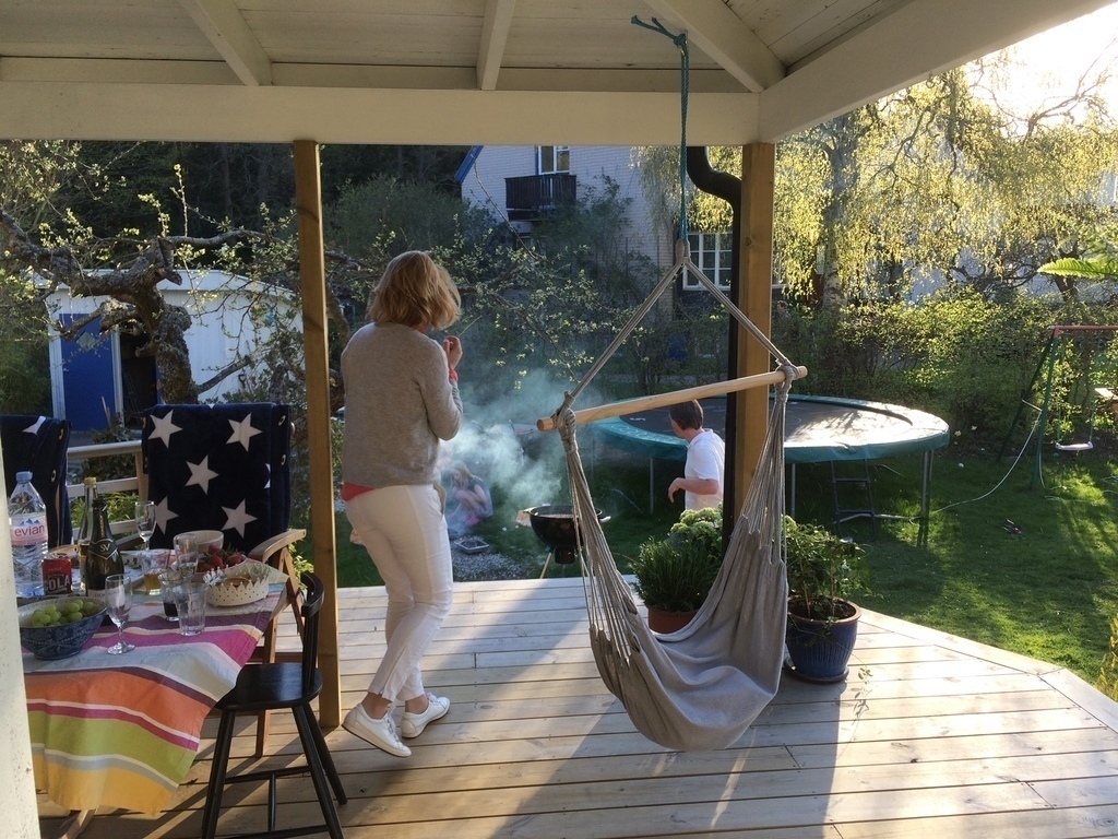 The terrace, perfect for barbeque dinner outside. The trampoline in the background
