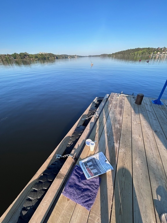 Morning coffee by one of the jetties - a three minute walk downhill from the house