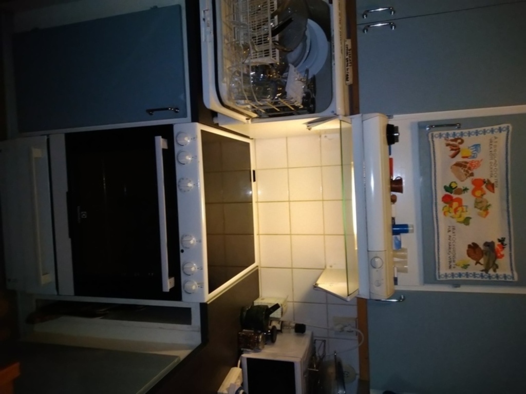 Kokvrå med spis med induktionshäll, mikro, diskmaskin, kyl och frys.