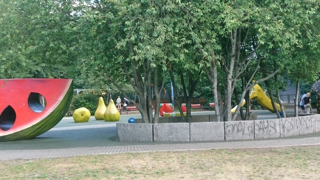 The fruitpark ("Trekantsparken") for small children near Liljeholmen, you can walk or take the tram 2 stations only. 