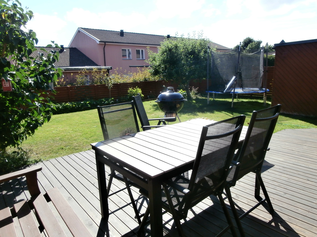 Our back yard with trampoline