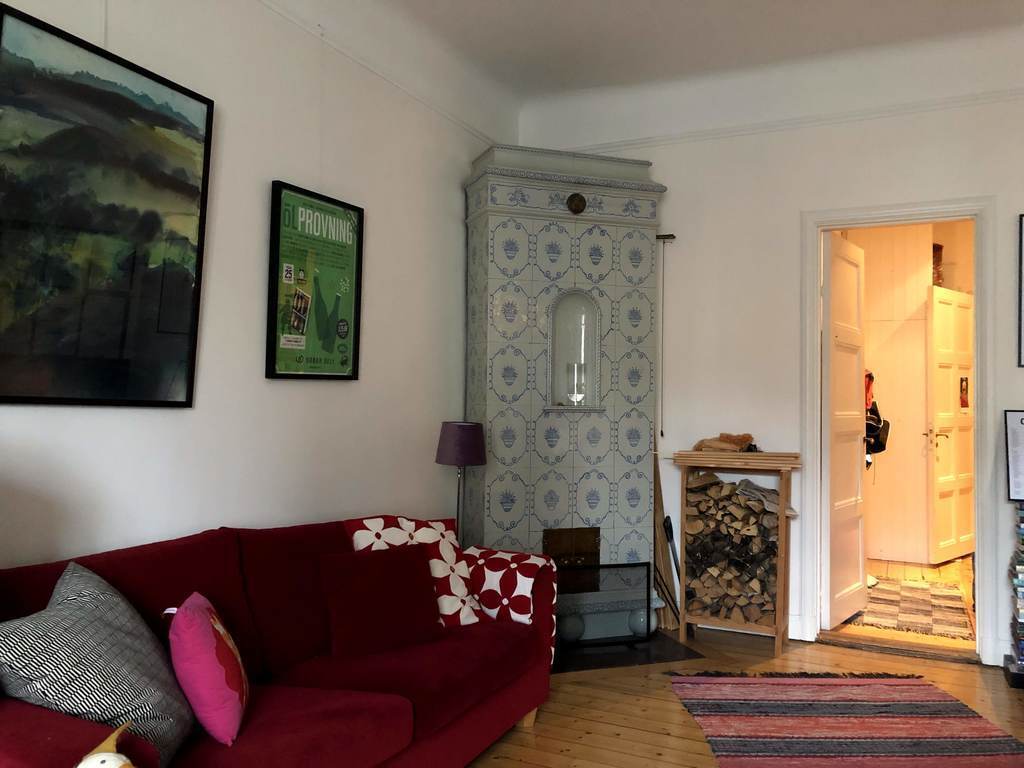 The fireplace and the red sofa.