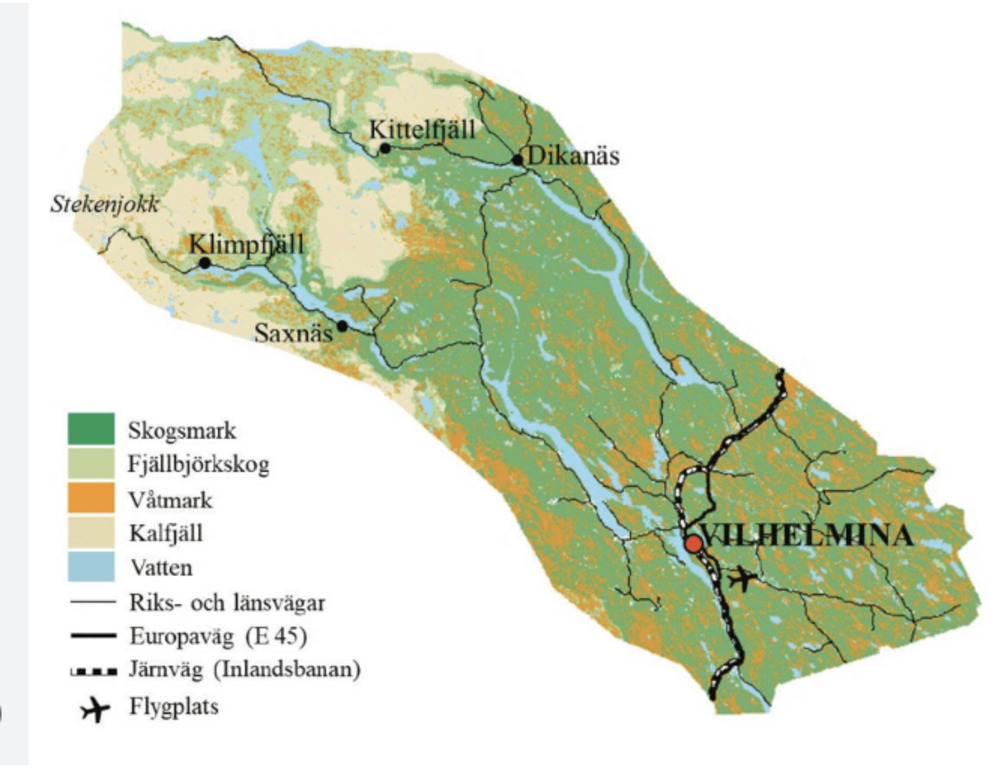 This is a map over Vilhelmina kommun, we have a summerhouse near Vildmarksvägen in Saxnäs