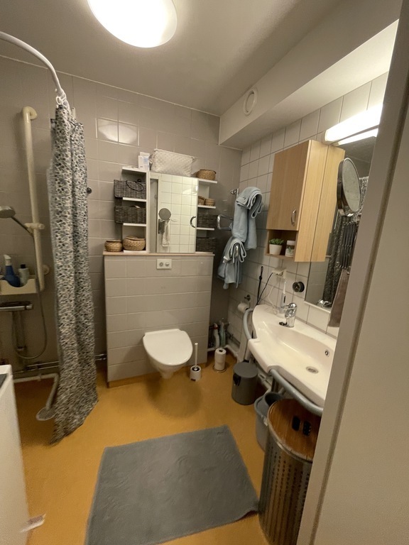 Vad med toalett.  Ett handfat och tvättmaskin 