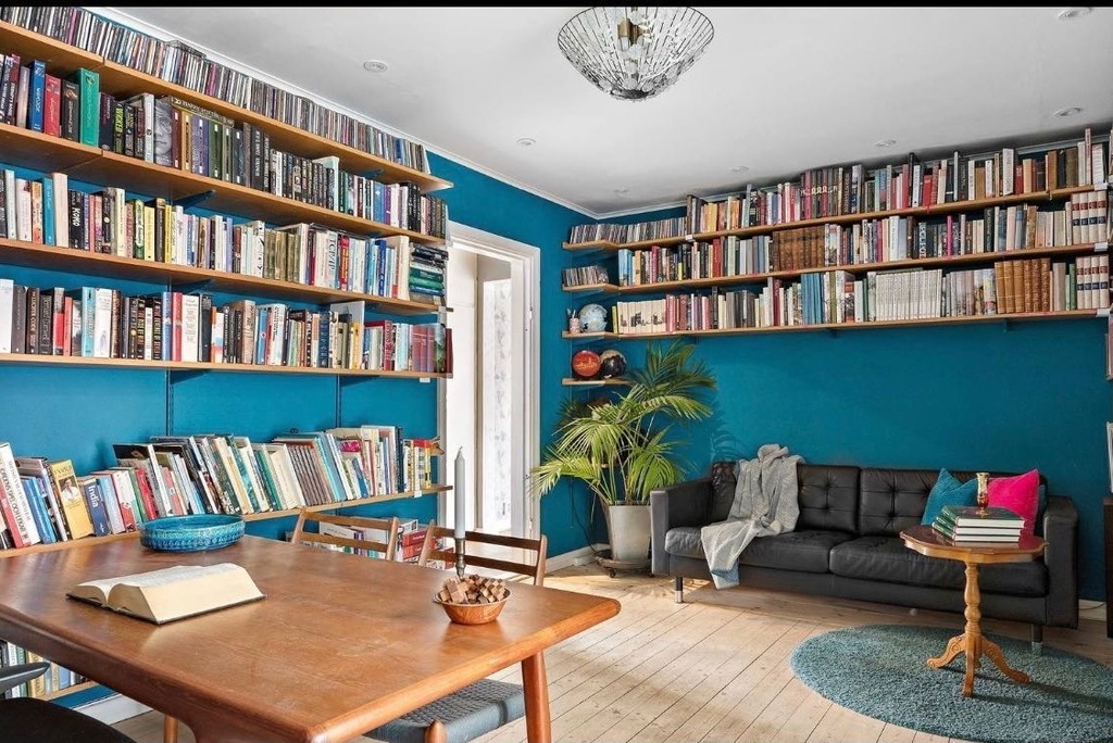 Cozy library with seating area