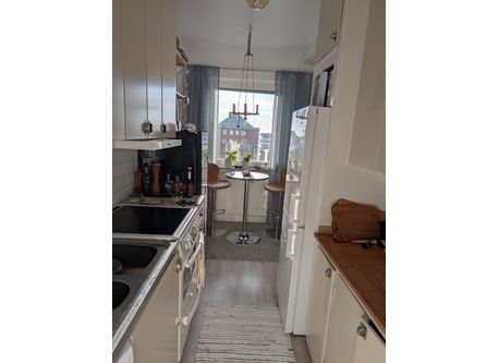 Kök med utsikt mot skidbacke.