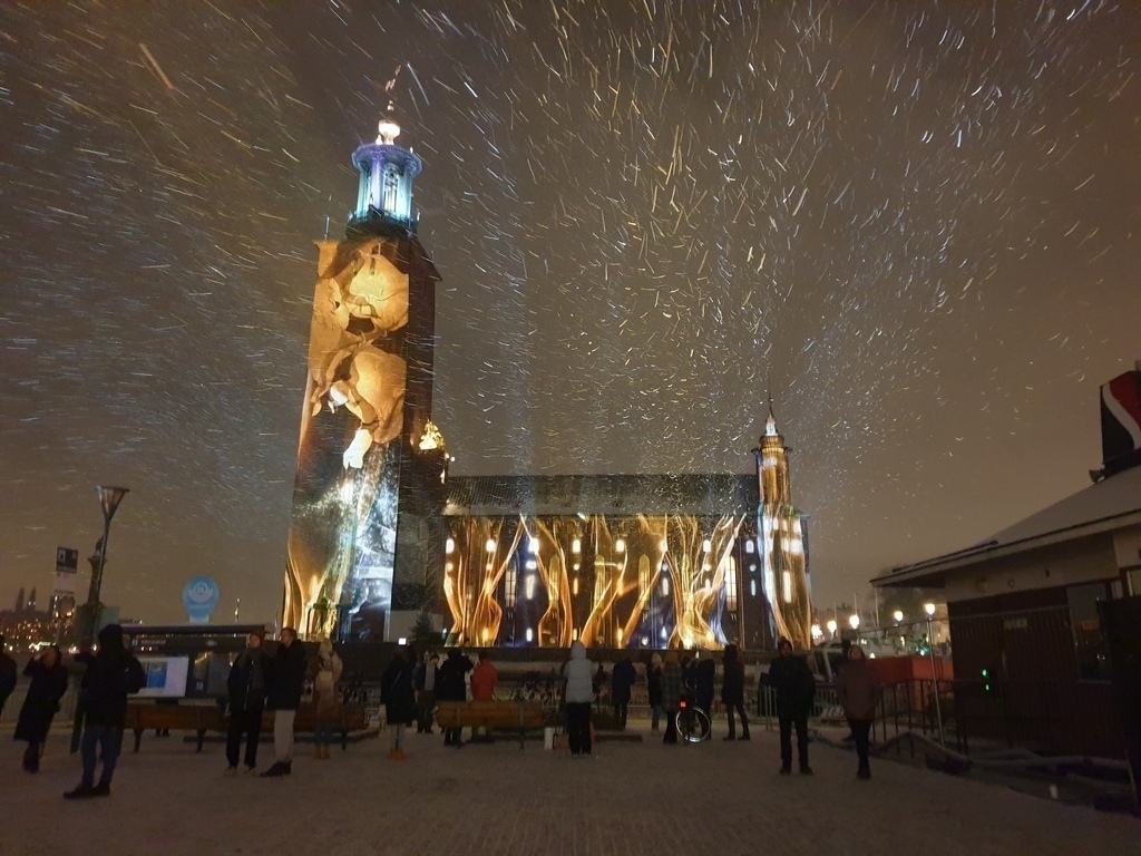 City Hall with art installation during the Nobel Prize ceremony in mid December.