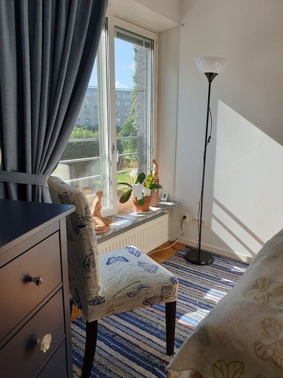 View out from the bedroom towards the green park Fatbursparken.