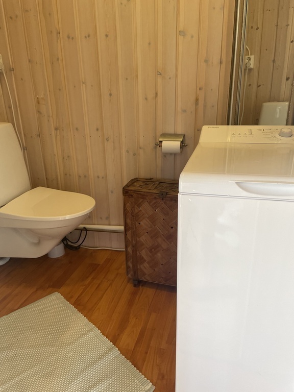 Toalett och tvättmaskin. Utedusch finns tillgänglig i form av campingdusch. 
