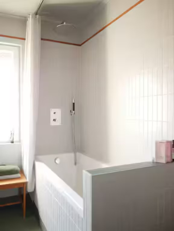 Bathroom with toilet, shower, and bathtub. 