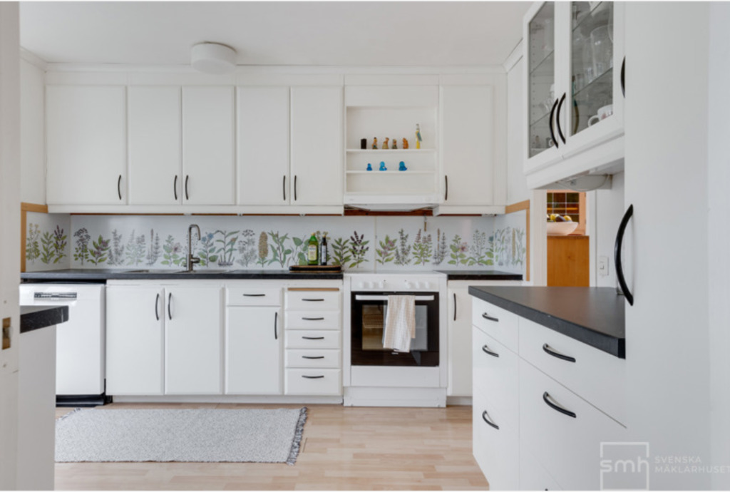 Kitchen with dishwasher, oven, stove, freezer, microwave, coffe machine etc