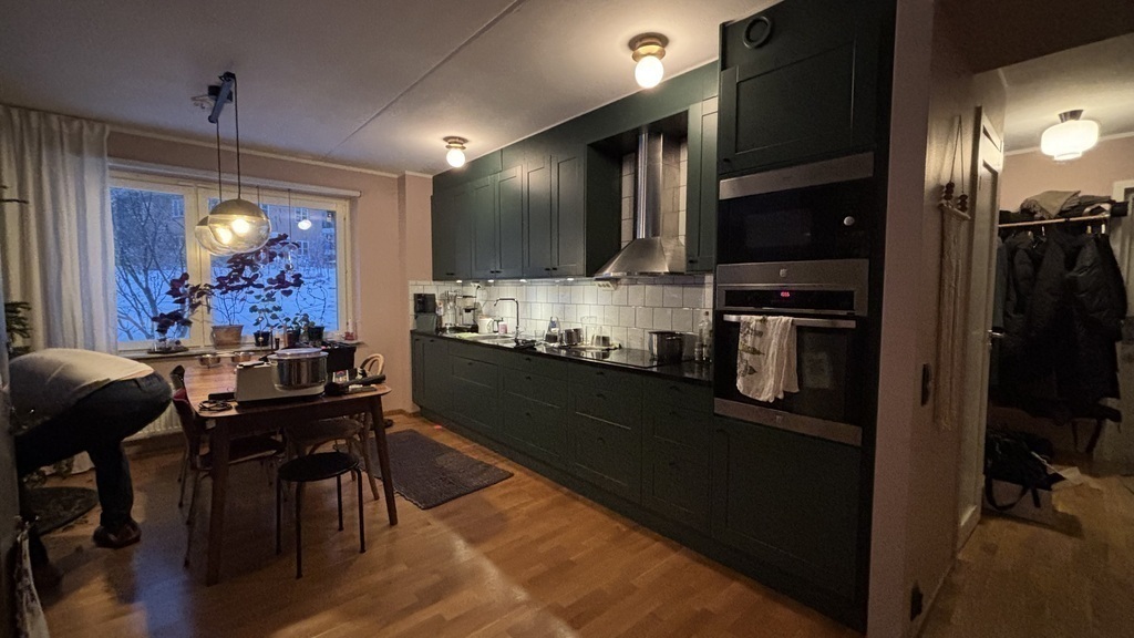 Fully equiooed kitcehn, with spacious dining area seating 6-8 people easily. Open space to living room with two couches and TV. 