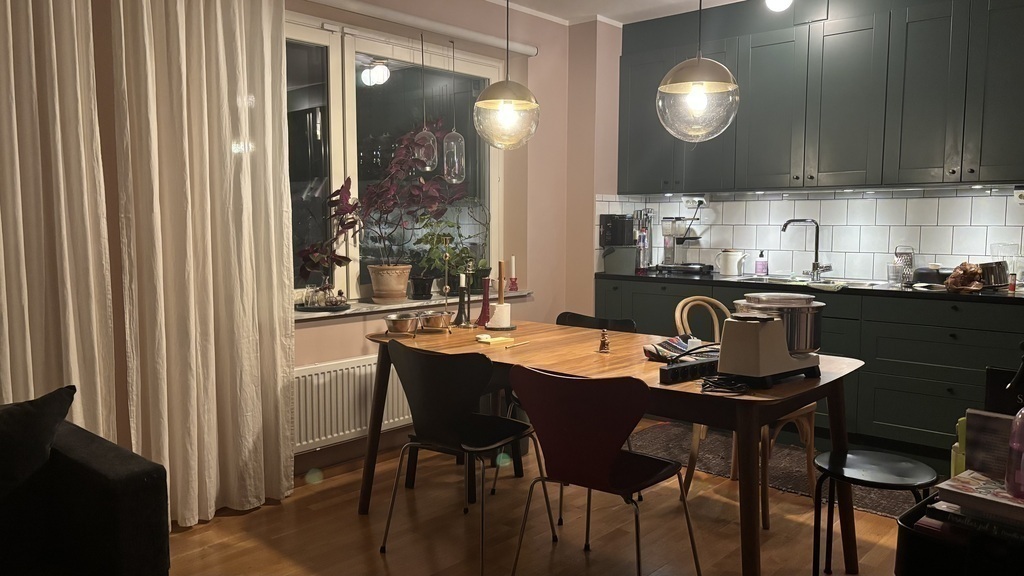 Kitchen and dining area, window towards green, calm view with trees. Sorry for the baking machine...