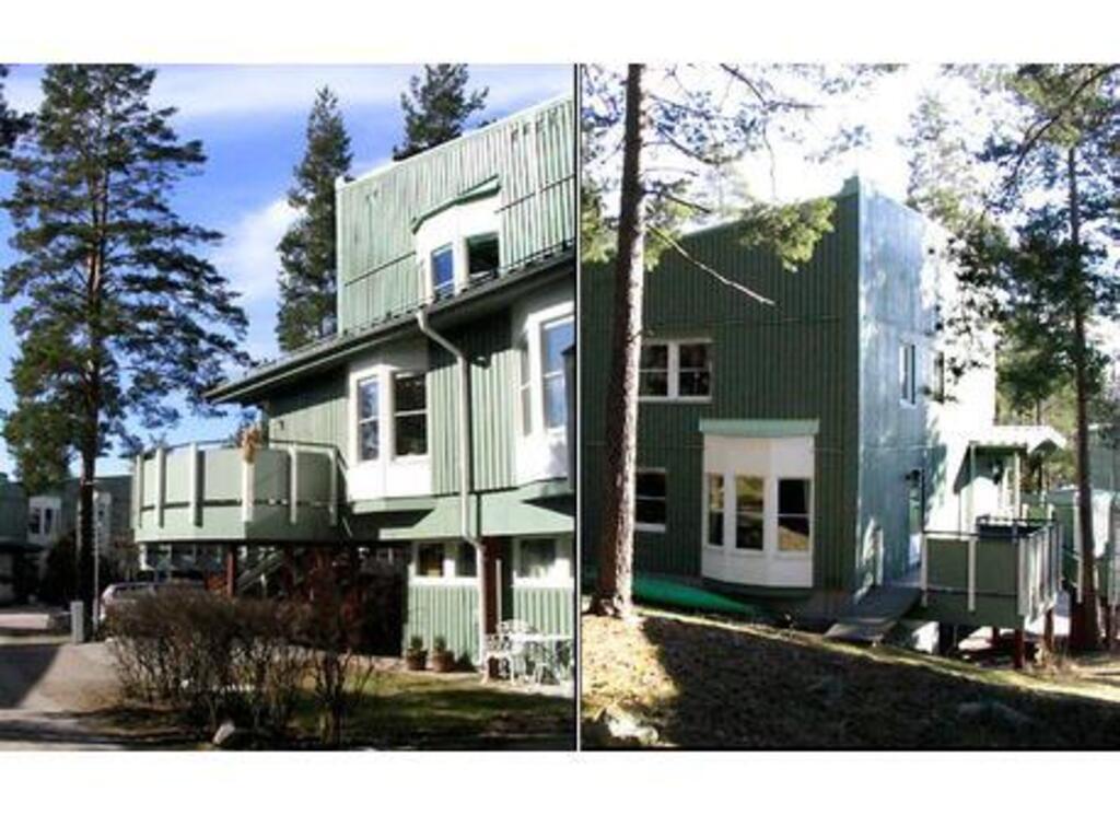 Wooden panel house, situated in hillock with small pine forest