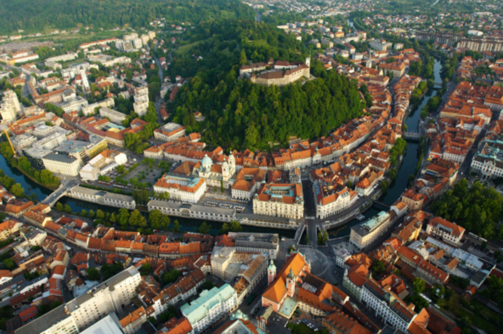 Ljubljana - Slovenia's capital with beautiful old town and castle on the hilltop in the middle of the city.