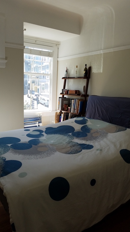 Bedroom in the early morning light -- the mattress is queen sized.
