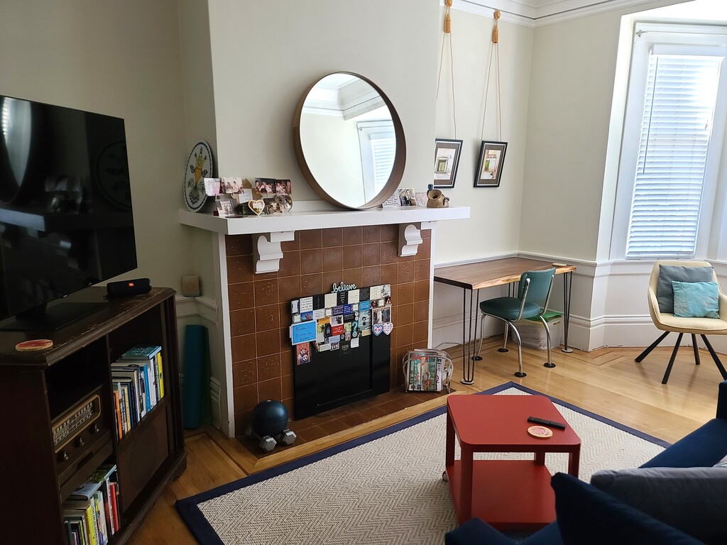 Living room -- fireplace is non-functioning.