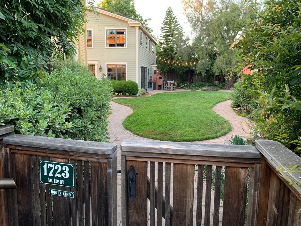 The view into the yard and our house from our gate 