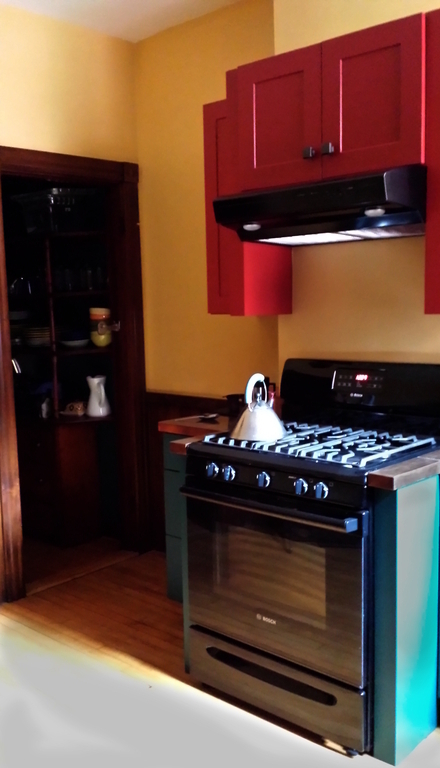 Kitchen with gas stove and pantry