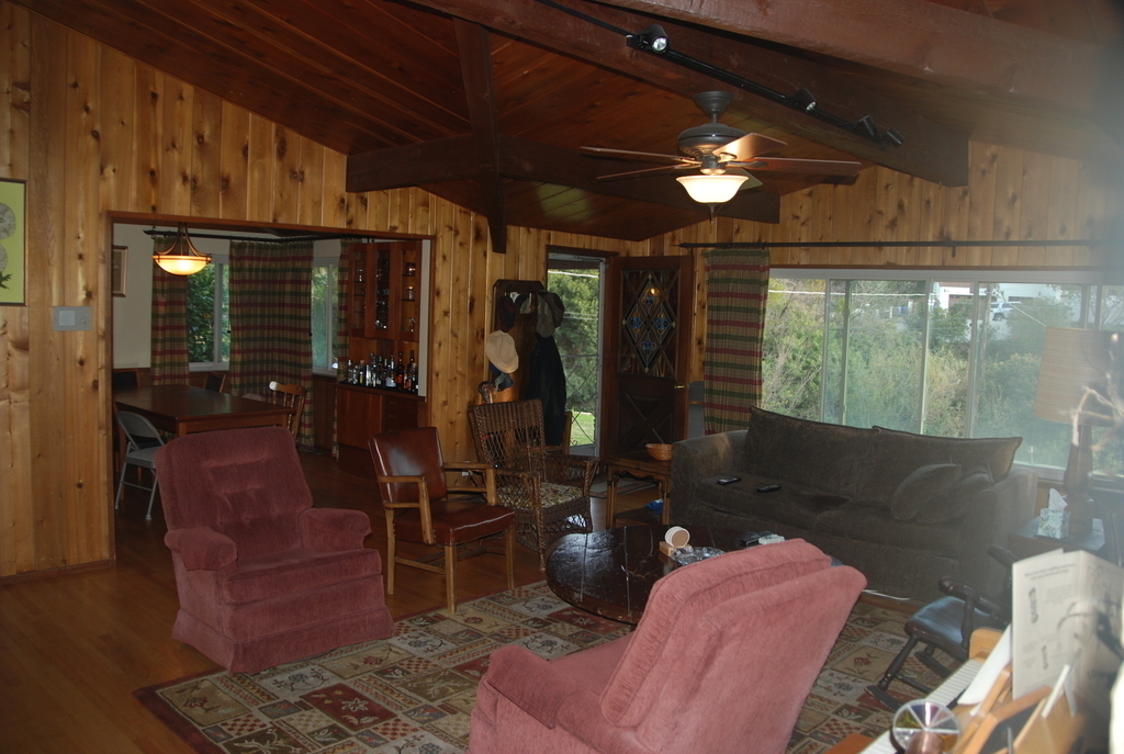 Living room, the couch is a queen size sofa bed.