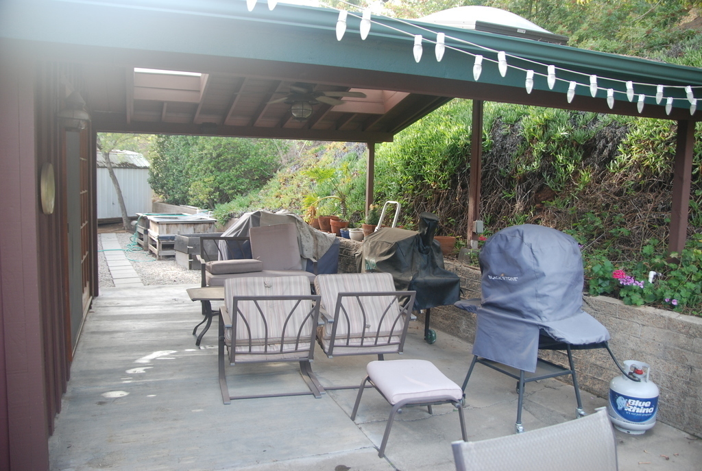 Patio with a pellet grill and gas pizza oven
