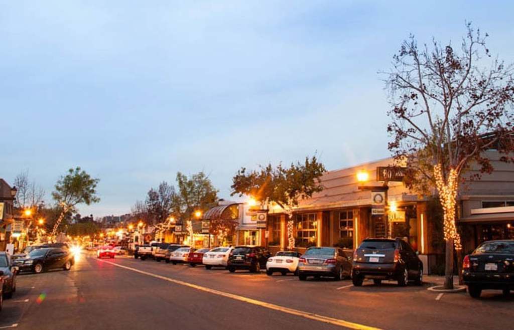 Downtown La Mesa at dusk is charming with the lights and lots of dining options. There is a Farmer's market every Friday!
