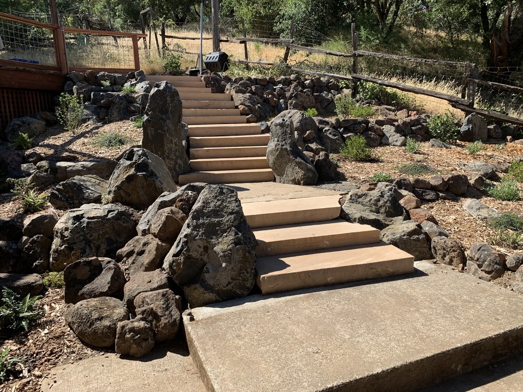 Stone stairway through the California native plant garden